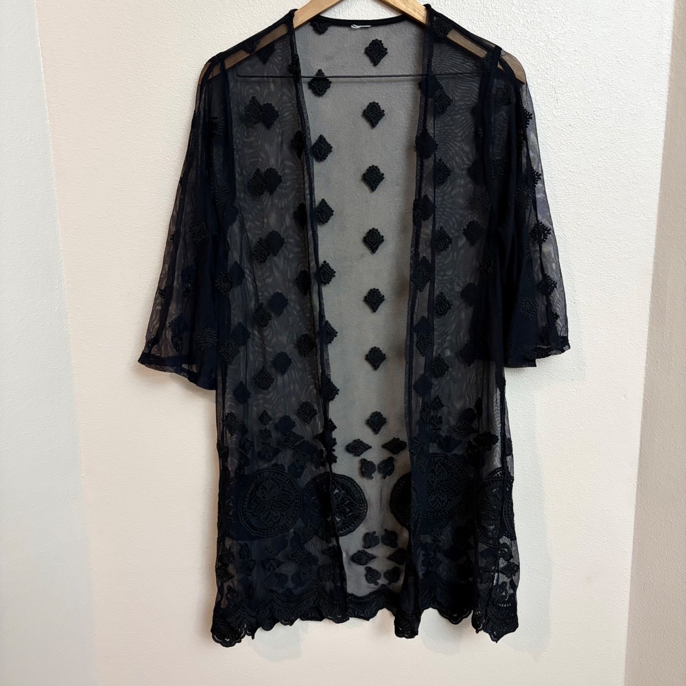 Kimono OS Black Sheer Mesh Embroidered Whimsigoth Goth Duster Coverup